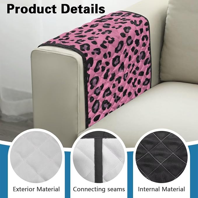 Pink Leopard Print Sofa Armrest Covers Non-Slip Arm Rest Covers Washable Couch Arm Cover with Two Pockets Dustproof Furniture Protector for Living Room Decoration
