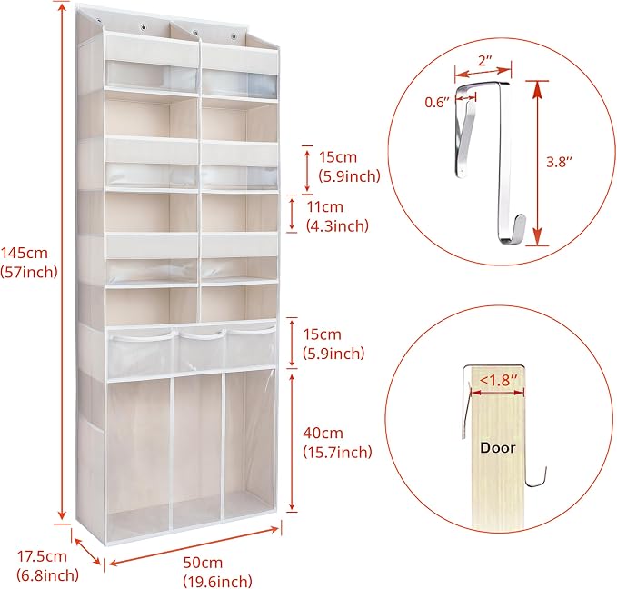 Extra Large Over The Door Organizer with Clear Pockets - 8 Compartments & XL Bottom Storage, Heavy-Duty Hanging Organizer for Bathroom, Bedroom, Closet (57 Inch Height).