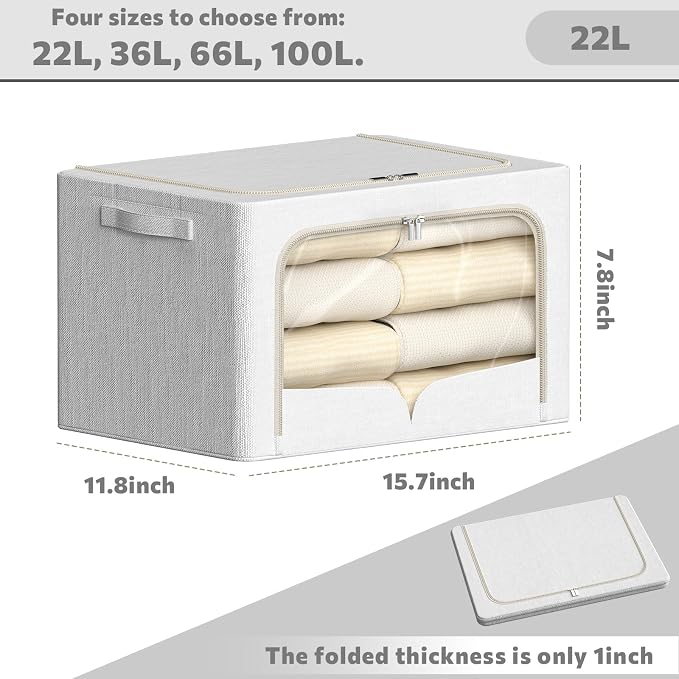 FHSQX 3 Pack Clothes Storage Bins Foldable Metal Frame Storage Box Stackable Linen Fabric Container Organizer Set with Carrying Handles and Clear Window (Cream White, 15.7x11.8x7.8inch(22L))