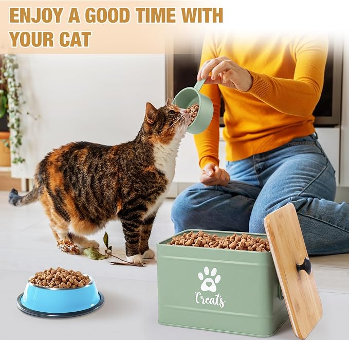 Reallnaive 2 Pcs Large Metal Cat Food Storage Containers 12+3.5 Lbs Decorative Pet Treat Snack Jars Airtight Bamboo Lids & Dry Food Scoop for Farmhouse Kitchen Counter Decor, Pet Owner Gifts(Green)