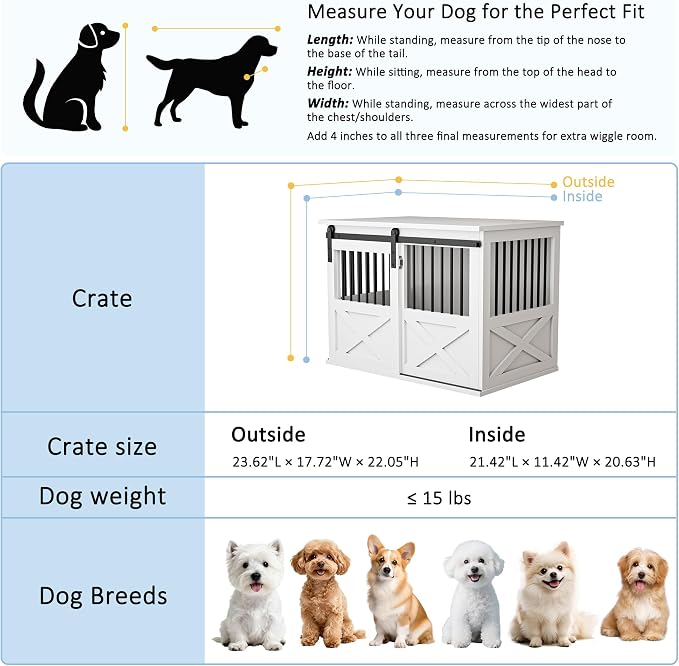 23" Wooden Dog Crate Furniture,Small Kennel Pet Cage End Table for Indoor | for Extra Small Dogs, White, Fits Living Room Bedroom, Heavy Duty Steel Frame,Sliding Barn Door,15 lbs Cap, 100 lbs Top.