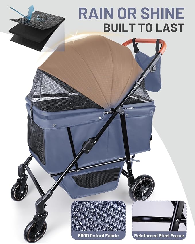 Dog Stroller for Large & Medium Dogs, Pet Stroller for 2 Small Dogs, Extra Large Heavy Duty, Foldable Design, Adjustable Handle, with Pocket, Up to 66lbs(Navy Blue)