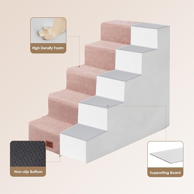 EHEYCIGA Dog Stairs for High Bed 22.5" H, 5-Step Extra Wide Dog Steps for Bed, Pet Steps for Small Dogs and Cats, Non-Slip Balanced Pet Ramp Indoor, Pink