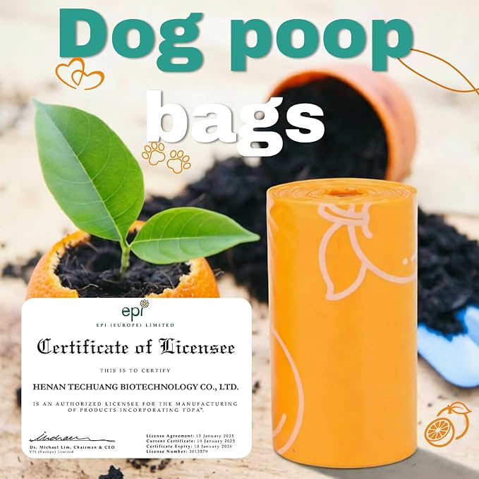 Citrus Scented Dog Poop Bags - 8 Rolls 120 counts Leak Proof | Extra Large 13x9 Inch Orange Dog poop bags rolls with Dispensers, Fragrance Bags for Dogs Walking and Cat Litter
