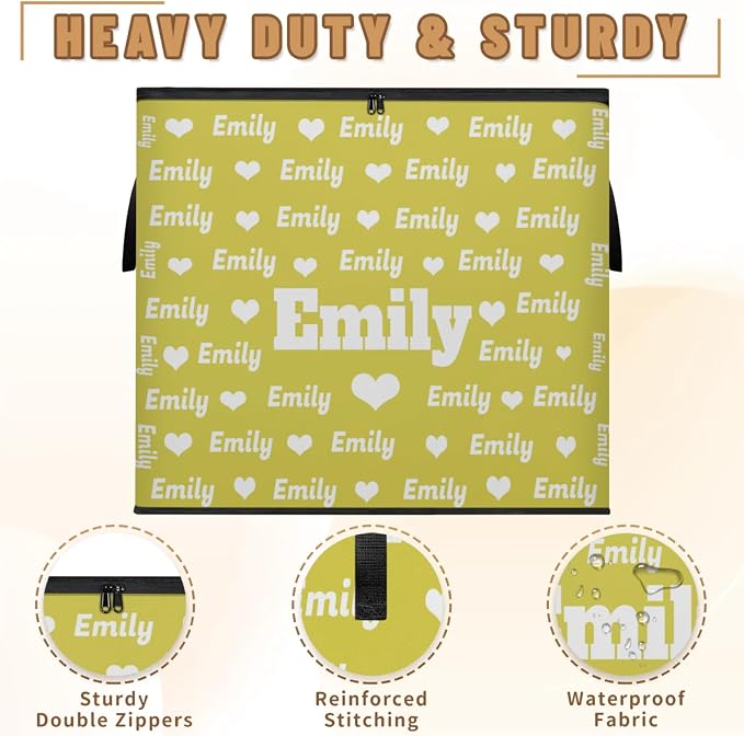 Personalized Name Foldable Storage Basket Cubes with Lid, Laundry Hamper Dirty Clothes Pet Toys Storage Bin with Handles for Shelf Home Closet Kitchen, Lime Yellow Background with Love Hearts