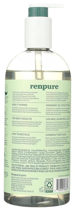 Renpure Plant Based Tea Tree and Rosemary Refresh and Rebalance Shampoo - Soothes Dry Scalp - Delivers Moisture and Shine - Rids Hair of Grime - Dye Free - Recyclable, Pump Bottle Design - 24 fl oz