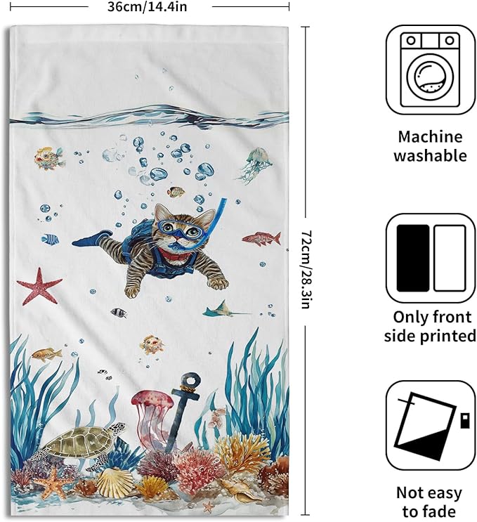 Giwawa Funny Cat Hand Towel Set of 2 Summer Nautical Ocean Blue Sea Towel Underwater Swimming Kitten Decorative Face Fingertip Towel Dish Wash Cloth for Bathroom Hotel Gym Home Spa