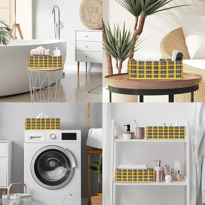 Chippendale Yellow Black Bathroom Storage Basket, Foldable with Handle Open Countertop Paper Towel Decorative Box, Toilet Tank Top Shelf Baskets for Home Closet Bedroom Living Room Offic