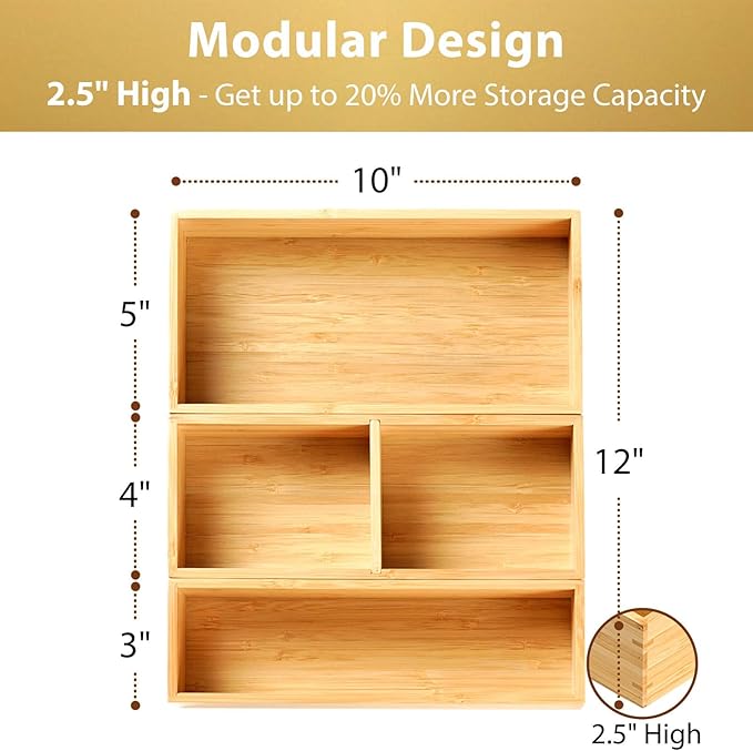 Drawer Organizer Storage Boxes, 2.5" High Bamboo Drawer Dividers, 3 Rearrangeable Bins for Kitchen, Office Desktop, Clothing, Makeup, vanity, Jewelry