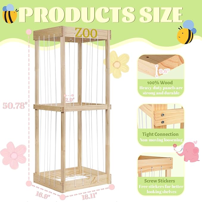 Trycooling Wood Stuffed Animal Zoo Stuffed Animal Storage, Wood | Plushie Storage, Stuffed Animals Zoo Storage Cage with Zoo Pattern Elastic Band for Nursery Play Room Bedroom