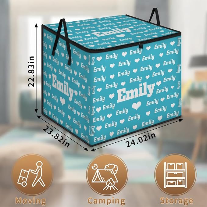 Custom Name Large Clothes Storage Organization with Lids, Kids Toys Bin Shelf Basket, Bedding Clothes Towel Lake Blue Storage Bin for Nursery, Gift Basket, Pet Basket, Full Names Love Hearts Printed
