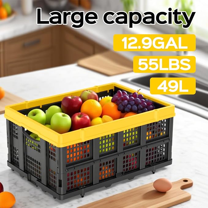 TOLRET 49L Collapsible Crate, Milk Crate for Storage, Foldable Storage Crate, Stackable Crate for Organizing for Home, Shopping, Camping, School, Office, Warehouse, Yellow