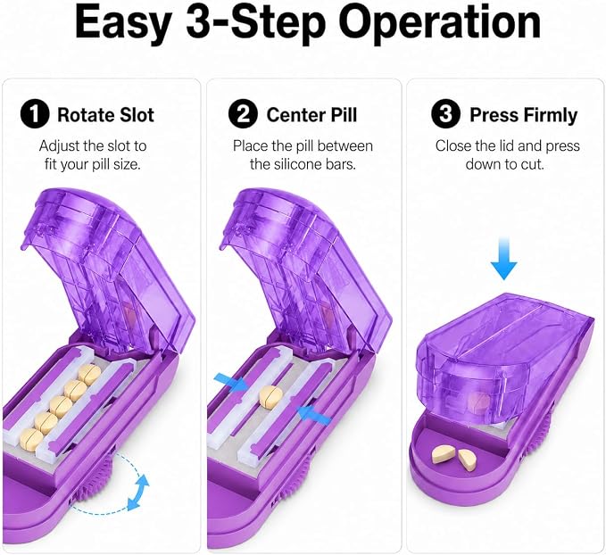 ONE PIX Pill Cutter Splitter for Small and Tiny Pills, Multiple Pill Splitter with Centering Device & Hidden Blade, Adjustable Tablet Cutter for Large Pills, Seniors, Pets, Purple
