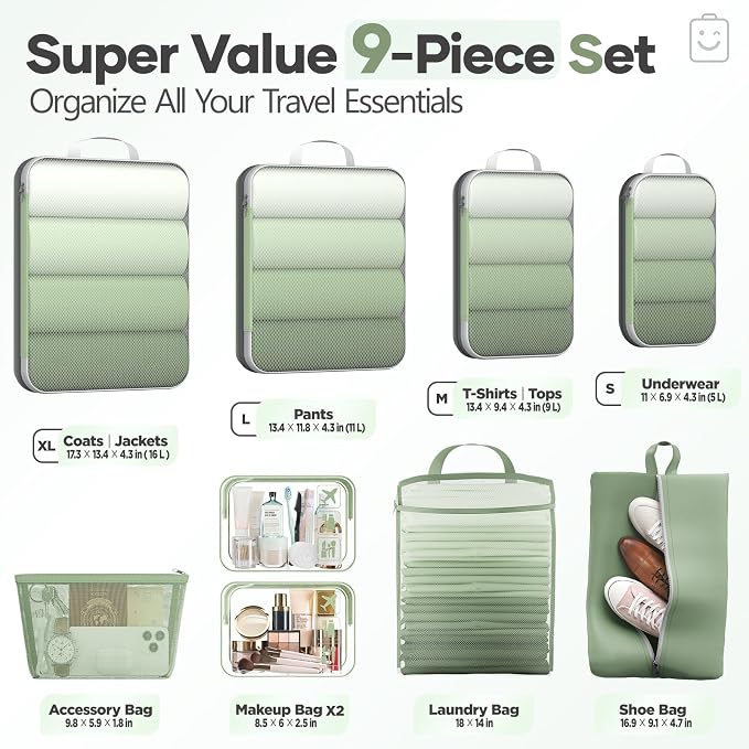 Veken 9/11 Set Compression Packing Cubes Garment Bags for Travel Essentials,Compressible Expandable Luggage Organizer Bags for Clothing,Space Saver Bags with Over 1000 pcs of Mesh Holes(Matcha Green)