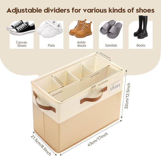 Varhomax Shoe Organizer Box 2 Pack for Closet,Small Fabric Shoe Storage Bin with Adjustable Dividers & Clear Cover, Saving Space Sneakers & Sandals Containers for Entryway, Cubby