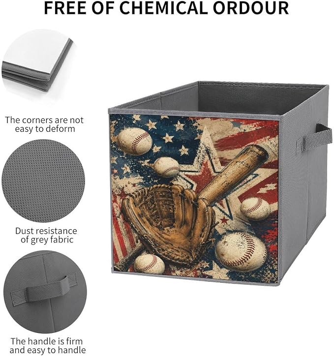 Baseball Glove Bat And Balls American Flag Design Storage Bin with Handles, Oxford Fabric Foldable Storage Cube Organizer for Clothes, Towels, Bedroom, Living Room, Home Organization
