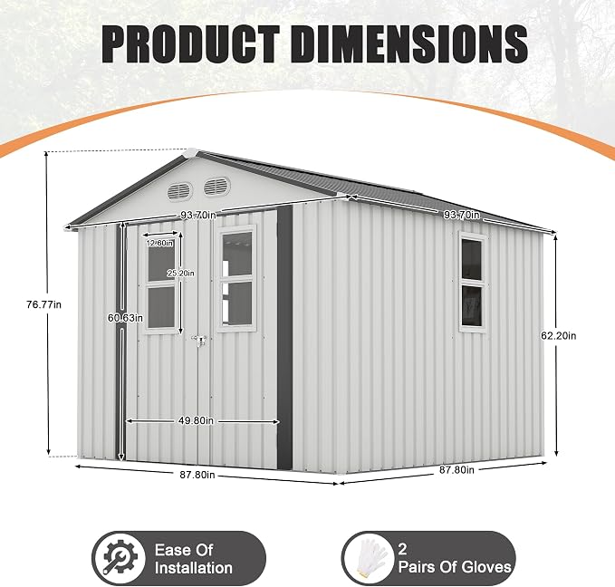 8x8 FT Outdoor Storage Shed, Metal Storage Shed with 4 Windows & Lockable Double Doors, Heavy-Duty Storage Tool Shed with Protective Film for Backyard Garden, White