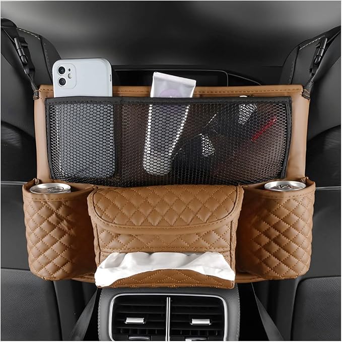 XINLIYA Car Handbag Holder Between Seats, PU Leather Multi-Pocket Large Capacity Purse Holder, Auto Net Bag Barrier of Backseat Pet Kids, Car Seat Organizers and Storage for Cargo Tissue Cup（Brown）