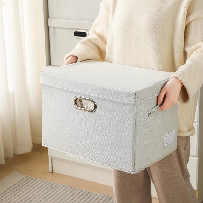 Collapsible Storage Bin with Lid [3-Pack] Fabric Foldable Storage Box Organizer Container Basket Cube with Cover for Home Bedroom Closet Office Beige(15.3x10x9.7)