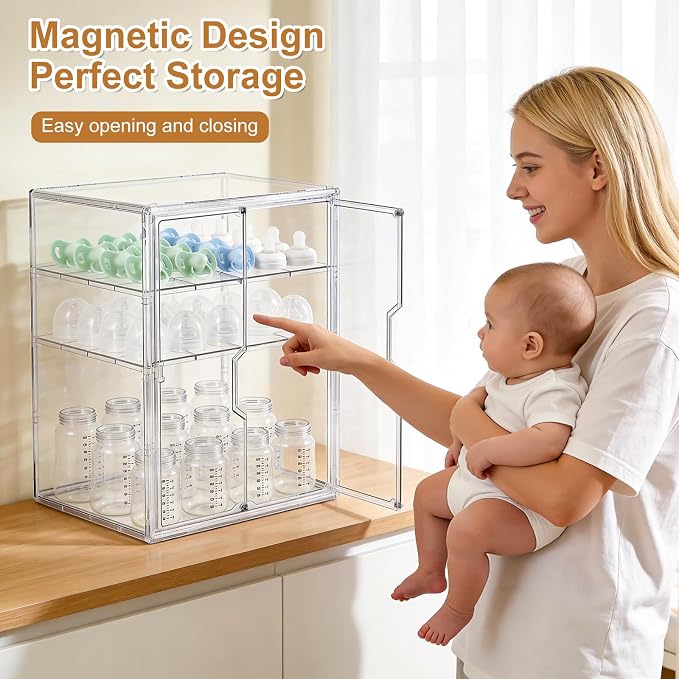 ERTIUANIO Baby Bottle Organizer for Countertop Cabinet Storage | 3 Tier Adjustable Clear Acrylic Station Container with 2 Removable Dividers for Vanity, Bathroom, Nursery, Gifts for New Mom