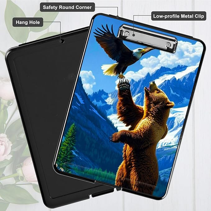 Bear and Eagle A4 Clipboard with Storage Pen Holder, Clipboards Organizer Nursing Clipboard Foldable File Folder Plastic Clipboard Folio Clip Board for Office Students Classroom Doctor