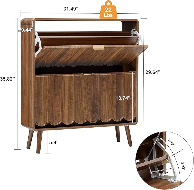 Shoe Storage Cabinet for Entryway with 2 Flip Drawers, Freestanding Narrow Wooden Shoe Cabinet with Wave Panel, Hidden Shoe Organizer for Foyer, Hallway (Walnut)