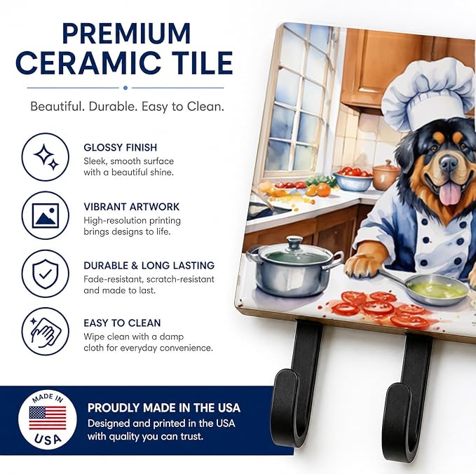 Caroline's Treasures Tibetan Mastiff The Chef Leash or Key Holder Wall Hooks, Key Hooks Holder, Coat Rack Wall Mount, Coat Hooks, Hooks for Hanging Keys, Towels, Aprons, Leashes | Tibetan Mastiff The Chef artwork on ceramic tile with three steel hooks ...