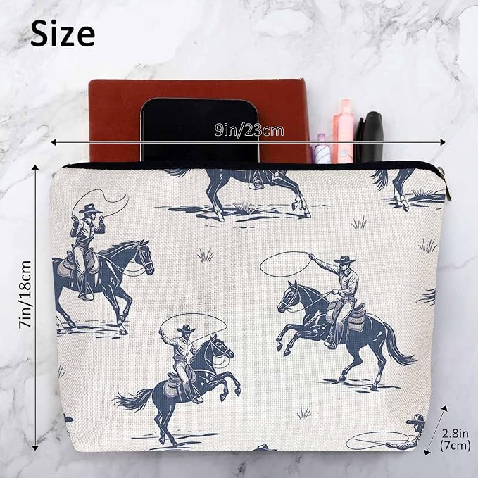 Women Cosmetic Bag Cowboy, American Western Cowboy Horse Riders Cute Makeup Bag For Purse Cosmetic Travel Bag For Toiletries Makeup Storage Bag Flax Skincare Bag Make Up Pouch Bags