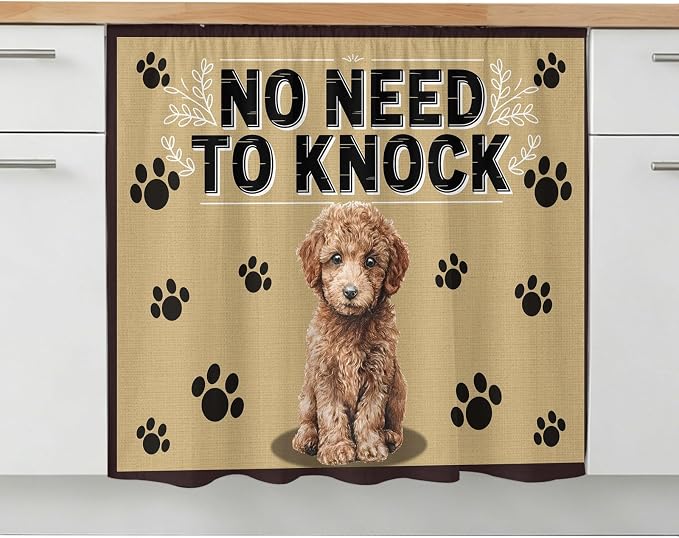 NO Need to Knock Oven Skirt Curtain for Kitchen Decor 28"x35", Poodle Dog Paw Prints Pet Lover Farmhouse Self Adhesive Stove Curtains Skirt Cabinet Curtains for Bathroom Laundry Room