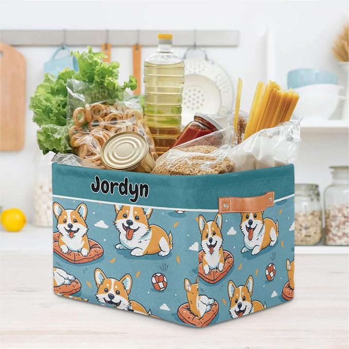 Custom Storage Baskets for Kids Name, Large Foldable Organizer Collapsible Storage Bin with Leather Handle for Home Toys Closet Nursery, Cute Corgi Dog Cartoon Cloud Blue