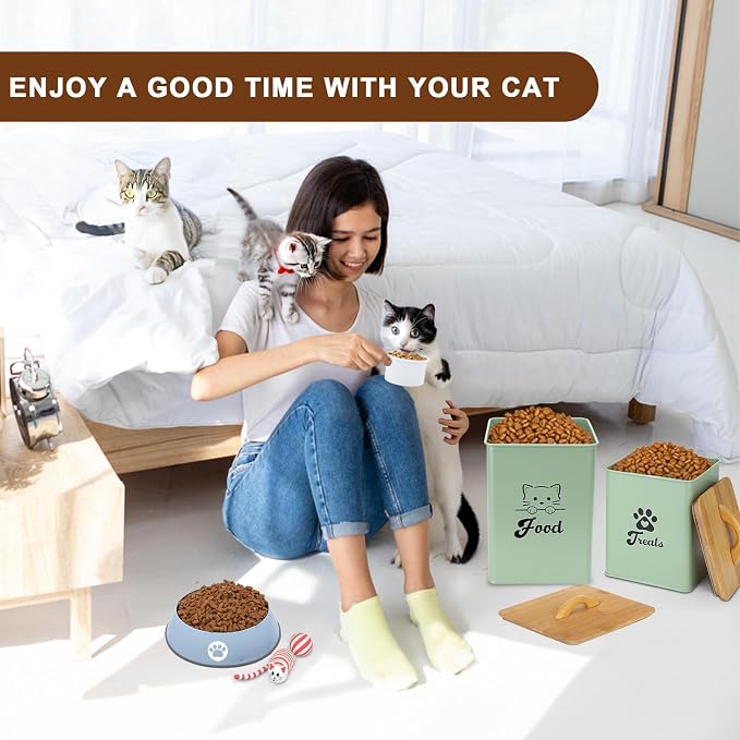 Cat Food Storage Container with Scoop, 2PCS Cat Food Storage Container with Lids Airtight, Cat Treat Jars for Kitchen Counter-7+3Lbs, Cat Cookie Jar for Storage,Saga Green