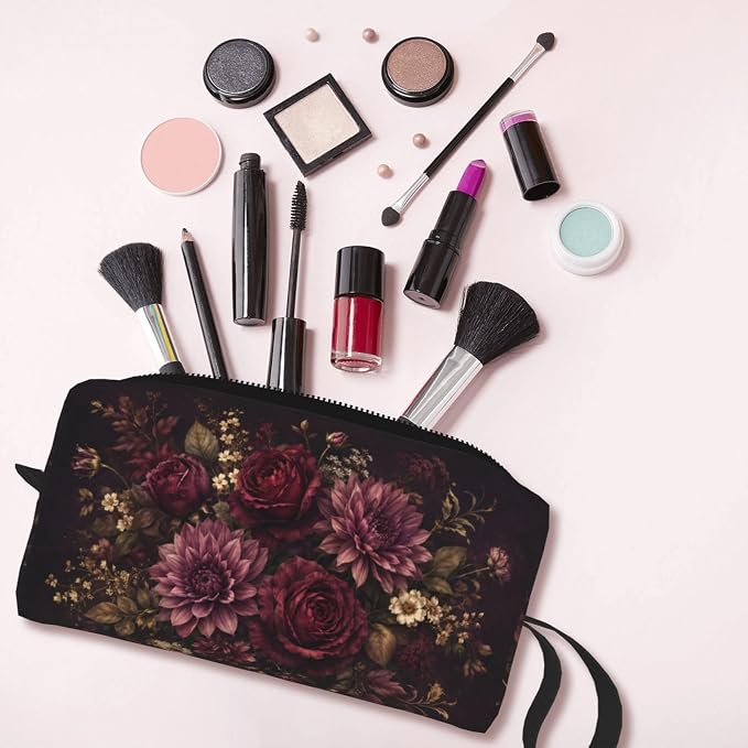 Burgundy Floral Small Makeup Bag, 600D Oxford Travel Pouch | Burgundy Floral Cosmetic Pouch with Double-Sided Print and Foam Padding for Women, Travel, Gym, Weekend Trips and Daily