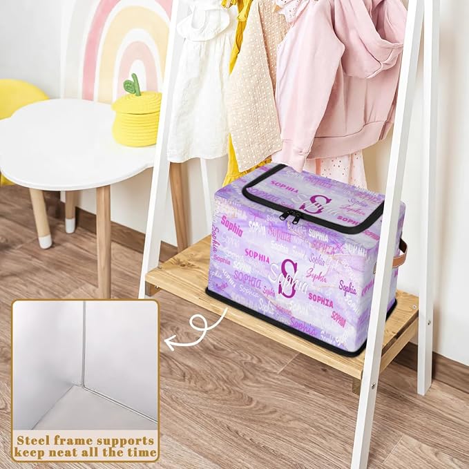 Custom Rectangle Storage Basket Zipper Lid, Personalized Name Organizer Bin for Pet/Children Toys, Books, Clothes, Perfect for Rooms/Playroom, Light Purple Marble Texture