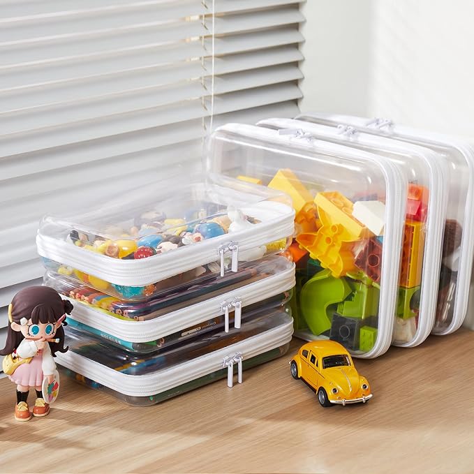 MACOPRO 4PCS Medium Clear Hard Shell Zipper Pouch - Makeup Organizer & Toy Storage Bag for Lego Bricks, Transparent Pencil Case for Stationery, Portable Travel Toiletries Bag