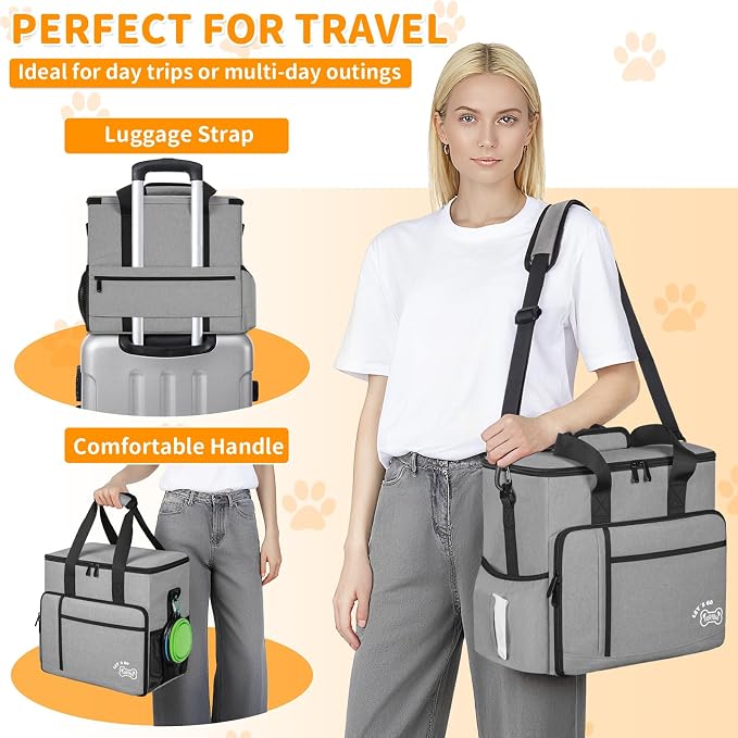 TORIBIO Large Dog Travel Bag for Supplies with Food Bowl | With 2 Food Container and Collapsible Bowls, Mat & Divider, Water-resistant, Pet Travel Kit for Weekend, Road Trips, Camping