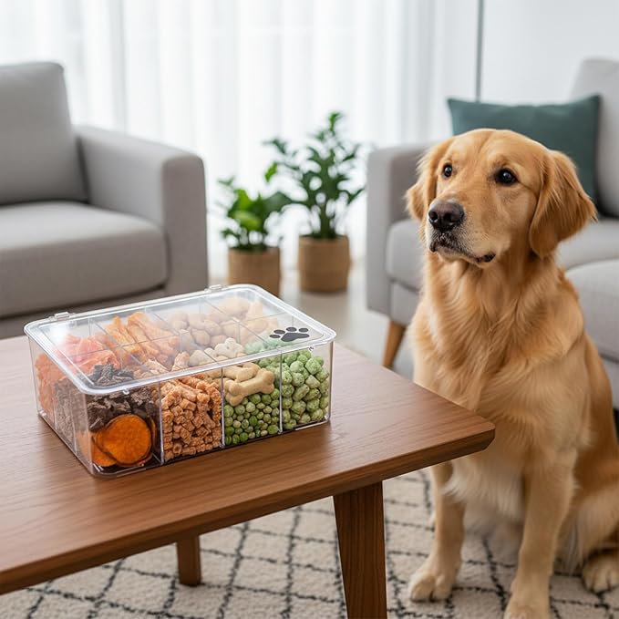 Dog Treat Container, Clear Pet Food Storage Container with Lid and Removable Dividers, 8 Compartments Dog Organization and Storage Box for Countertop, Cabinet, Pantry, Gift for Pet