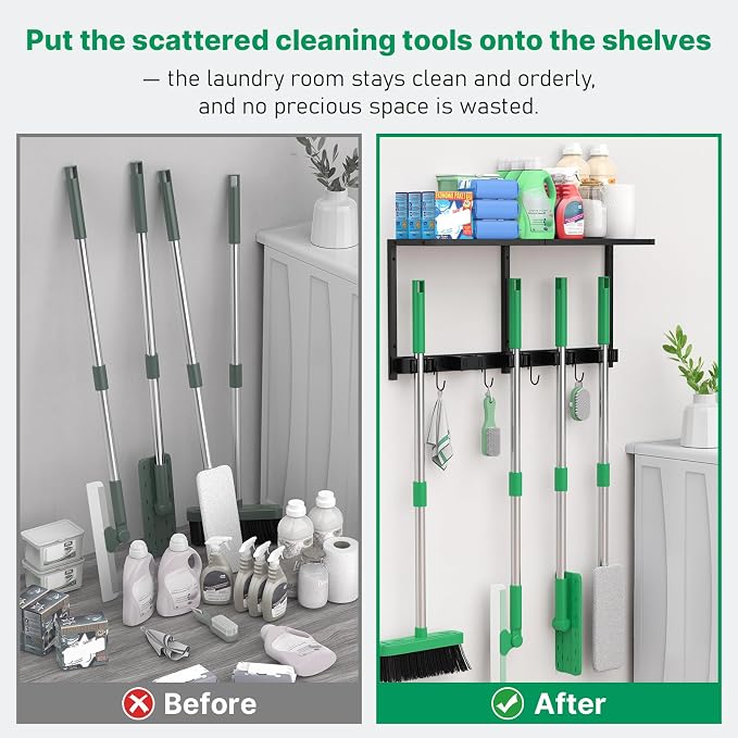 CCCEI Broom and Mop Wall Mount with Shelf, Laundry Room Cleaning Tools Organization Hanging Rack with Hooks, Bathroom, Garage, Garden Organizers and Storage. All Metal, Black, 2 Pack.