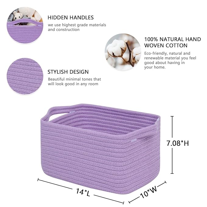CubesLand Cube Storage Organizer Basket Bin, Cotton Rope Shelves Basket | Durable Woven Rectangular Shelf Basket for Organizing, Nursery Toys Basket, Purple Basket