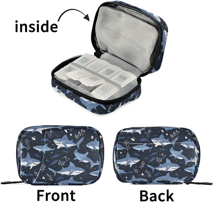 Fustylead Cute Cartoon Sharks and Marine Plants Travel Pill Organizer Case Zipper for Purse with Removable Weekly Pill Box for Medicine, Vitamin, Supplement Medicine Organizer