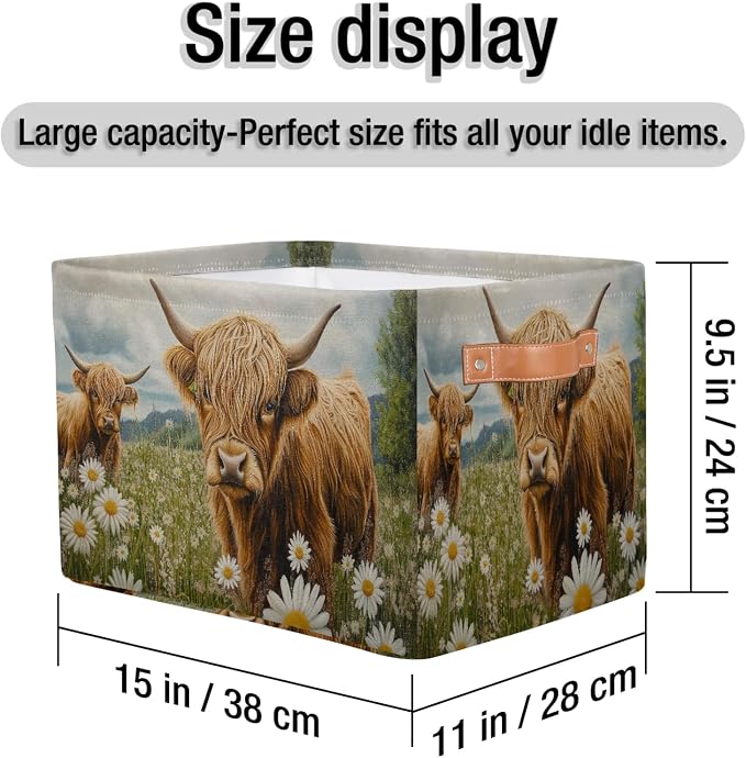 Daisy Flowers Highland Cows Storage Boxes Theme Storage Nursery Baskets with Handle Closet Collapsible Organizer Shelf Bins for Book Cloth 15 X 11 X 9.5 IN
