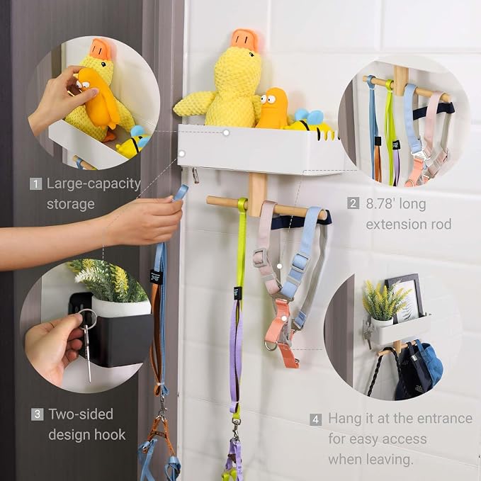 Dog Leash Holder for Wall, Dogs Leash Hooks, Dogs Leashes Shelf Organizer, Pet Stuff Organizer with Shelf Storage, Hooks for Entrance Living Room Kitchen-Gifts for Dog Lovers (White)
