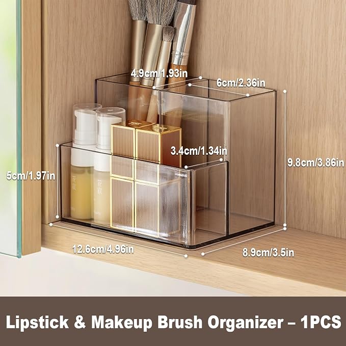 Clear PET Makeup Organizer, Lipstick Brush Holder for Bathroom Cabinet- Transparent Medicine Cabinet Organizer Multi Compartment Storage Box Holder for Countertop, Home Office Classroom