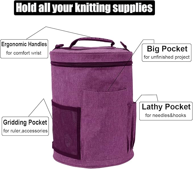 Weabetfu Large Capacity Portable Yarn Organizer Knitting Tote Storage Bag with Shoulder Strap Yarn Bags Have Pocket for Crochet Hooks,Knitting Needles & Accessories,Prevent Yarn Tangle(Purple)