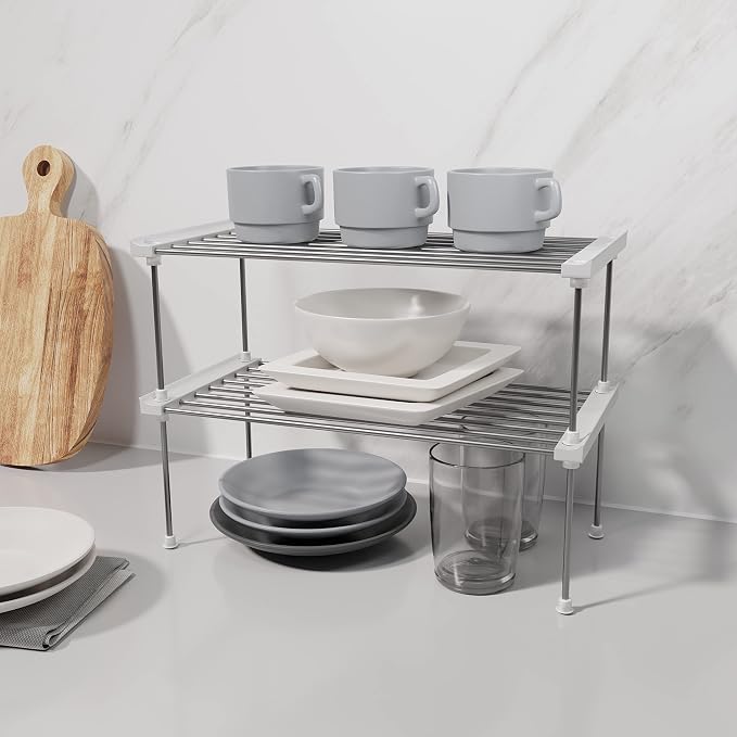 Cabinet Organizer Shelf, Set of 2 Stackable Kitchen Counter Shelves, Kitchen Cabinet Organizers and Storage, Pantry Storage Shelf Organizer, 15.7 x 7.8 x 6.1 - White (Pack of 2)