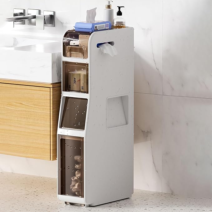 Slim Bathroom Storage Cabinet with Trash Can, Narrow Movable Waterproof Bathroom Floor Cabinet with Toilet Paper Holder for Bathrooms Toilet (15.1 * 6.9 * 31.5in)