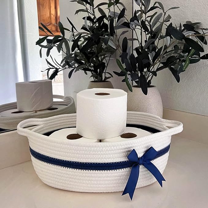 CHICVITA Small Woven Rope Gift Basket, Decorative Shelf Basket, White Blue | 13" x 10" x 5" Storage Baskets for Toys & Baby Essentials, Fits Nursery & Bedroom Organization, Built-In Handles, Bow Design