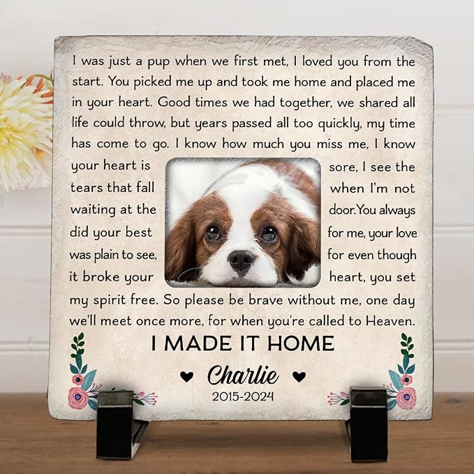 Wrappiness Pet Memorial Stone - I Will Be Waiting at Door, Personalized Dog Memorial Gifts, Remembrance Condolences Bereavement Gifts for Loss of Pet Custom Photo (Square 02, Stone with Stand)