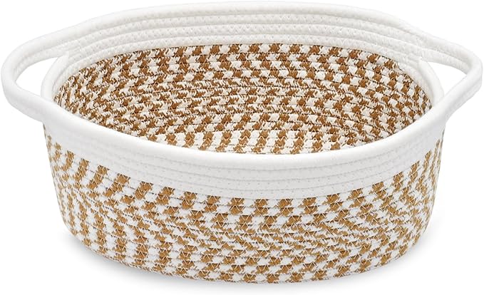 ABenkle Small Basket with Handles, Boho Decorative Rope Woven Dog Cat Toy Storage Bin Shelf Storage Organizer, Easter Christmas Gift Basket, 12"x8"x5"