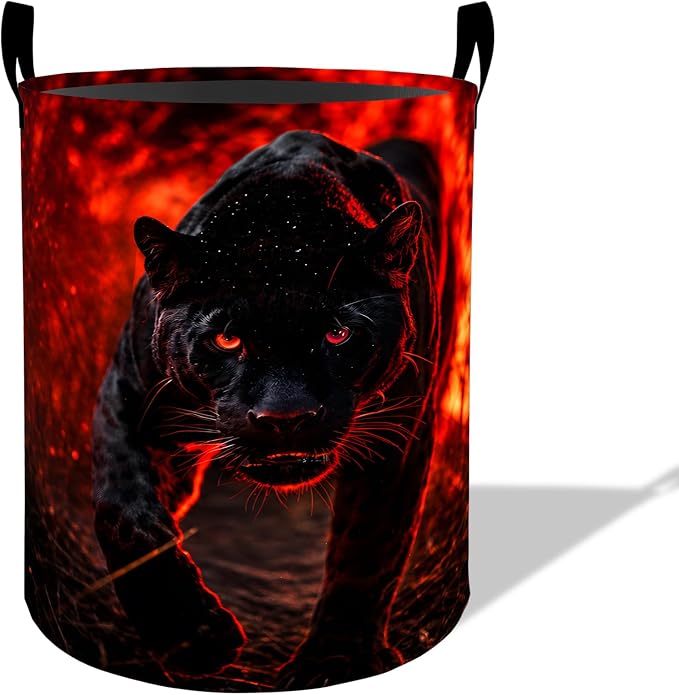 Black Panther Laundry Basket Hamper 19.7"x15.8", Organizer Bins Gifts for Women Men Adults, Fierce Wild Cat Foldable Waterproof Oxford Clothes Storage Bucket for Bedroom Bathroom Decor