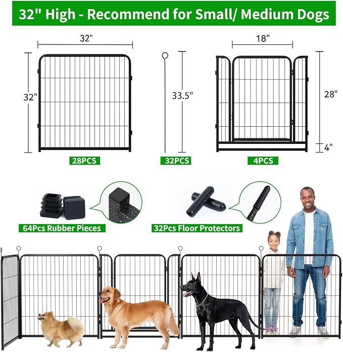 Kfvigoho Dog Playpen Outdoor Extra Wide 32 Panels Heavy Duty Dog Fence 32" | Anti-Rust Coating-Strengthened Dog Fence with Doors Portable for RV Camping Yard, Total 84FT, 561 Sq.ft, Snowy Black